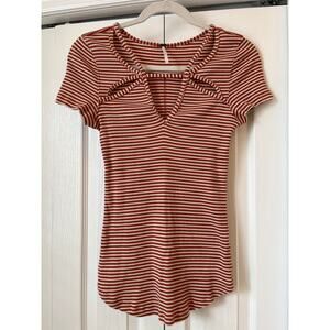 FREE PEOPLE Orange & White Frenchie Striped Cutout Tee Sz Large